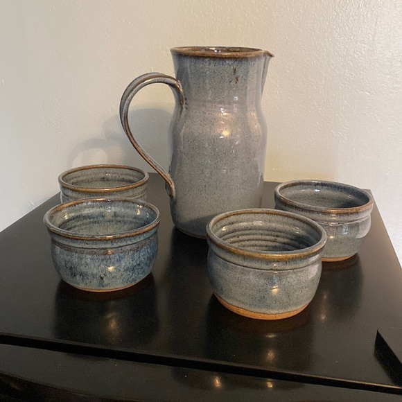 Artisan Other - Blue Glaze Pitcher and matching Handless Cups signed by maker